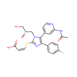 CC(=O)Nc1cc(-c2c(-c3ccc(F)cc3)nc(S/C=C\C(=O)O)n2C[C@H](O)CO)ccn1 ZINC000299871773