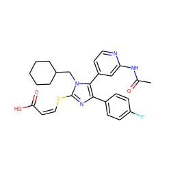 CC(=O)Nc1cc(-c2c(-c3ccc(F)cc3)nc(S/C=C\C(=O)O)n2CC2CCCCC2)ccn1 ZINC000299871781