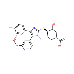 CC(=O)Nc1cc(-c2c(-c3ccc(F)cc3)nc(S[C@@H]3CC[C@@H](C(=O)O)C[C@H]3O)n2C)ccn1 ZINC000299866162