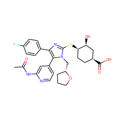 CC(=O)Nc1cc(-c2c(-c3ccc(F)cc3)nc(S[C@@H]3CC[C@H](C(=O)O)C[C@@H]3O)n2C[C@H]2CCCO2)ccn1 ZINC000299861622