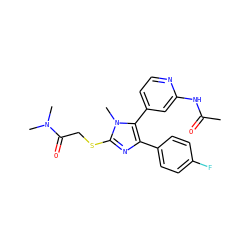 CC(=O)Nc1cc(-c2c(-c3ccc(F)cc3)nc(SCC(=O)N(C)C)n2C)ccn1 ZINC000299866391