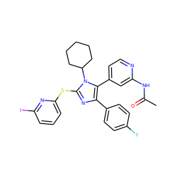 CC(=O)Nc1cc(-c2c(-c3ccc(F)cc3)nc(Sc3cccc(I)n3)n2C2CCCCC2)ccn1 ZINC000299859896