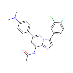 CC(=O)Nc1cc(-c2ccc(N(C)C)cc2)cn2c(-c3ccc(F)c(Cl)c3)cnc12 ZINC000061897361