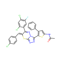 CC(=O)Nc1cc(-c2ccccc2)c(-c2nnc3n2N=C(c2cc(F)c(Cl)cc2Cl)/C(=C/c2ccc(Cl)cc2)S3)s1 ZINC000028823792