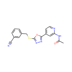 CC(=O)Nc1cc(-c2nnc(SCc3cccc(C#N)c3)o2)ccn1 ZINC000096271051