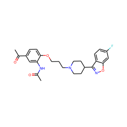 CC(=O)Nc1cc(C(C)=O)ccc1OCCCN1CCC(c2noc3cc(F)ccc23)CC1 ZINC000013740854