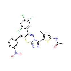 CC(=O)Nc1cc(C)c(-c2nnc3n2N=C(c2cc(F)c(Cl)cc2Cl)/C(=C/c2cccc([N+](=O)[O-])c2)S3)s1 ZINC000028823786