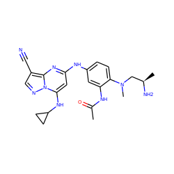 CC(=O)Nc1cc(Nc2cc(NC3CC3)n3ncc(C#N)c3n2)ccc1N(C)C[C@@H](C)N ZINC000653813389