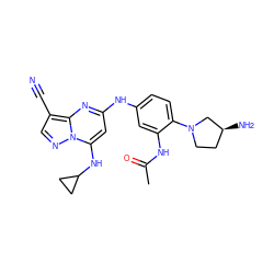 CC(=O)Nc1cc(Nc2cc(NC3CC3)n3ncc(C#N)c3n2)ccc1N1CC[C@H](N)C1 ZINC000653840717