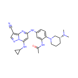 CC(=O)Nc1cc(Nc2cc(NC3CC3)n3ncc(C#N)c3n2)ccc1N1CCC[C@@H](N(C)C)C1 ZINC000653840669