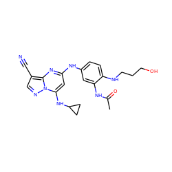 CC(=O)Nc1cc(Nc2cc(NC3CC3)n3ncc(C#N)c3n2)ccc1NCCCO ZINC000653840663