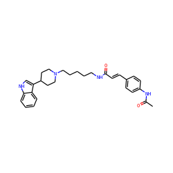 CC(=O)Nc1ccc(/C=C/C(=O)NCCCCCN2CCC(c3c[nH]c4ccccc34)CC2)cc1 ZINC000029482535