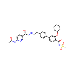 CC(=O)Nc1ccc([C@@H](O)CNCCc2ccc(-c3ccc(C(=O)NS(C)(=O)=O)c(OC4CCCCC4)c3)cc2)cn1 ZINC000043076388