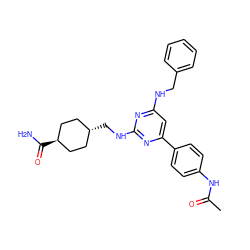 CC(=O)Nc1ccc(-c2cc(NCc3ccccc3)nc(NC[C@H]3CC[C@H](C(N)=O)CC3)n2)cc1 ZINC000299828616