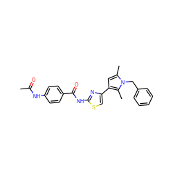 CC(=O)Nc1ccc(C(=O)Nc2nc(-c3cc(C)n(Cc4ccccc4)c3C)cs2)cc1 ZINC000003346604