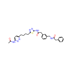 CC(=O)Nc1ccc(CCCCc2nnc(NC(=O)Cc3cccc(CNC(=O)Cc4ccccc4)c3)s2)nn1 ZINC000169698372