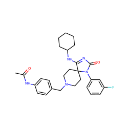 CC(=O)Nc1ccc(CN2CCC3(CC2)C(NC2CCCCC2)=NC(=O)N3c2cccc(F)c2)cc1 ZINC000039470958