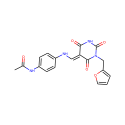 CC(=O)Nc1ccc(N/C=C2\C(=O)NC(=O)N(Cc3ccco3)C2=O)cc1 ZINC000100571261