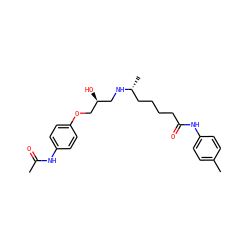 CC(=O)Nc1ccc(OC[C@@H](O)CN[C@H](C)CCCCC(=O)Nc2ccc(C)cc2)cc1 ZINC000026288869