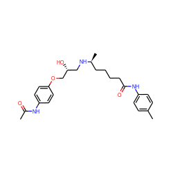 CC(=O)Nc1ccc(OC[C@H](O)CN[C@@H](C)CCCCC(=O)Nc2ccc(C)cc2)cc1 ZINC000026289821