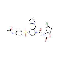 CC(=O)Nc1ccc(S(=O)(=O)N2CCN(C(=O)Cn3c(=O)oc4ccc(Cl)cc43)[C@H](CN3CCCC3)C2)cc1 ZINC000042920148