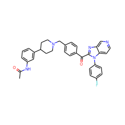 CC(=O)Nc1cccc(C2CCN(Cc3ccc(C(=O)c4nc5cnccc5n4-c4ccc(F)cc4)cc3)CC2)c1 ZINC000169321706