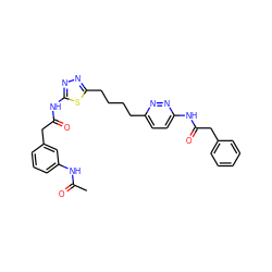 CC(=O)Nc1cccc(CC(=O)Nc2nnc(CCCCc3ccc(NC(=O)Cc4ccccc4)nn3)s2)c1 ZINC000169698361