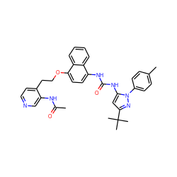 CC(=O)Nc1cnccc1CCOc1ccc(NC(=O)Nc2cc(C(C)(C)C)nn2-c2ccc(C)cc2)c2ccccc12 ZINC000653720564