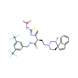 CC(=O)Nc1nc([C@@H](CCN2CC[C@@]3(C=Cc4ccccc43)[C@@H](C)C2)C(=O)NCc2cc(C(F)(F)F)cc(C(F)(F)F)c2)cs1 ZINC000028702735