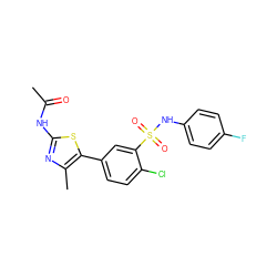 CC(=O)Nc1nc(C)c(-c2ccc(Cl)c(S(=O)(=O)Nc3ccc(F)cc3)c2)s1 ZINC000143194915