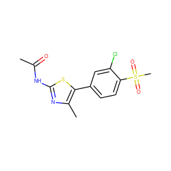 CC(=O)Nc1nc(C)c(-c2ccc(S(C)(=O)=O)c(Cl)c2)s1 ZINC000084672401