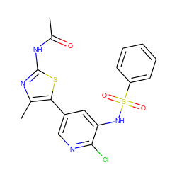 CC(=O)Nc1nc(C)c(-c2cnc(Cl)c(NS(=O)(=O)c3ccccc3)c2)s1 ZINC000034632609