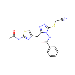 CC(=O)Nc1nc(Cc2nnc(SCC#N)n2NC(=O)c2ccccc2)cs1 ZINC000028712137