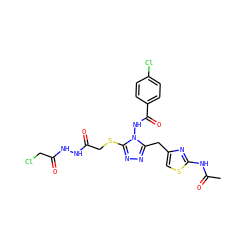 CC(=O)Nc1nc(Cc2nnc(SCC(=O)NNC(=O)CCl)n2NC(=O)c2ccc(Cl)cc2)cs1 ZINC000028815692