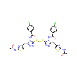 CC(=O)Nc1nc(Cc2nnc(SCSc3nnc(Cc4csc(NC(C)=O)n4)n3NC(=O)c3ccc(Cl)cc3)n2NC(=O)c2ccc(Cl)cc2)cs1 ZINC000150522784