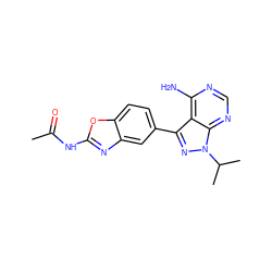 CC(=O)Nc1nc2cc(-c3nn(C(C)C)c4ncnc(N)c34)ccc2o1 ZINC000142622073