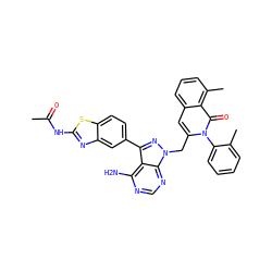 CC(=O)Nc1nc2cc(-c3nn(Cc4cc5cccc(C)c5c(=O)n4-c4ccccc4C)c4ncnc(N)c34)ccc2s1 ZINC000142837957