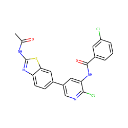 CC(=O)Nc1nc2ccc(-c3cnc(Cl)c(NC(=O)c4cccc(Cl)c4)c3)cc2s1 ZINC000474604916