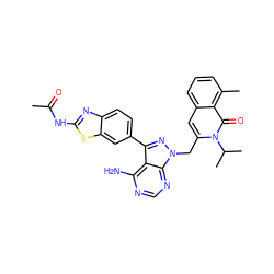 CC(=O)Nc1nc2ccc(-c3nn(Cc4cc5cccc(C)c5c(=O)n4C(C)C)c4ncnc(N)c34)cc2s1 ZINC000088345866