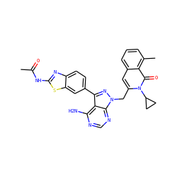 CC(=O)Nc1nc2ccc(-c3nn(Cc4cc5cccc(C)c5c(=O)n4C4CC4)c4ncnc(N)c34)cc2s1 ZINC000088346154