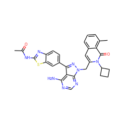 CC(=O)Nc1nc2ccc(-c3nn(Cc4cc5cccc(C)c5c(=O)n4C4CCC4)c4ncnc(N)c34)cc2s1 ZINC000088345915