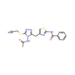 CC(=O)Nn1c(Cc2csc(NC(=O)c3ccccc3)n2)nnc1SCC#N ZINC000028816930