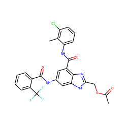 CC(=O)OCc1nc2c(C(=O)Nc3cccc(Cl)c3C)cc(NC(=O)c3ccccc3C(F)(F)F)cc2[nH]1 ZINC000205656692