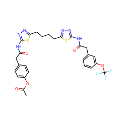 CC(=O)Oc1ccc(CC(=O)Nc2nnc(CCCCc3nnc(NC(=O)Cc4cccc(OC(F)(F)F)c4)s3)s2)cc1 ZINC000653887646