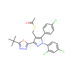 CC(=O)SCc1c(-c2nnc(C(C)(C)C)o2)nn(-c2ccc(Cl)cc2Cl)c1-c1ccc(Cl)cc1 ZINC000049872475