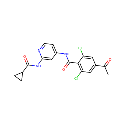 CC(=O)c1cc(Cl)c(C(=O)Nc2ccnc(NC(=O)C3CC3)c2)c(Cl)c1 ZINC000096928693