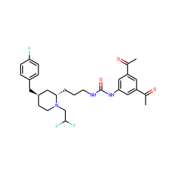 CC(=O)c1cc(NC(=O)NCCC[C@H]2C[C@H](Cc3ccc(F)cc3)CCN2CC(F)F)cc(C(C)=O)c1 ZINC000028604026