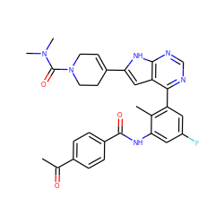 CC(=O)c1ccc(C(=O)Nc2cc(F)cc(-c3ncnc4[nH]c(C5=CCN(C(=O)N(C)C)CC5)cc34)c2C)cc1 ZINC000142927773