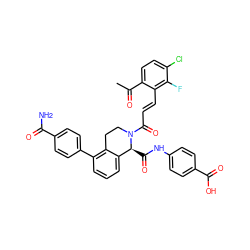 CC(=O)c1ccc(Cl)c(F)c1/C=C/C(=O)N1CCc2c(-c3ccc(C(N)=O)cc3)cccc2[C@@H]1C(=O)Nc1ccc(C(=O)O)cc1 ZINC000473220716