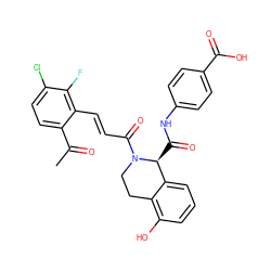 CC(=O)c1ccc(Cl)c(F)c1/C=C/C(=O)N1CCc2c(O)cccc2[C@@H]1C(=O)Nc1ccc(C(=O)O)cc1 ZINC000145228991